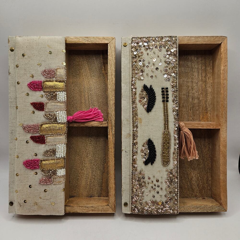 SET OF 2 DECORATIVE WOODEN STORAGE BOXES BEADED SEQUIN LIPSTICK MAKEUP DESIGN